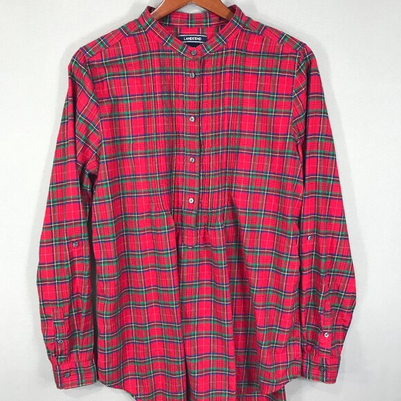 Lands' End Shirt Women's 12T Red Plaid Popover Tunic Top Flannel Roll Tab Cotton - Picture 1 of 12
